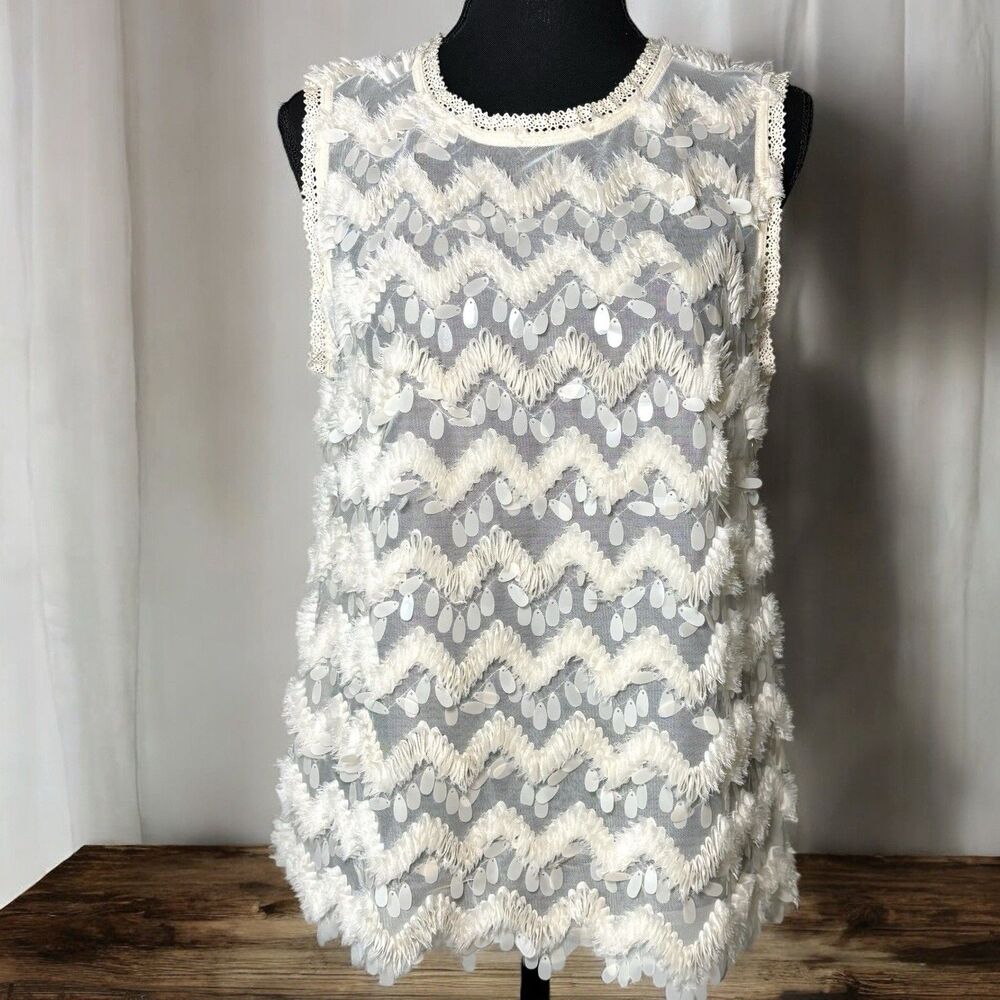 Anthropologie BLUE TASSEL Ivory Semi Sheer Top Sleeveless Embellished